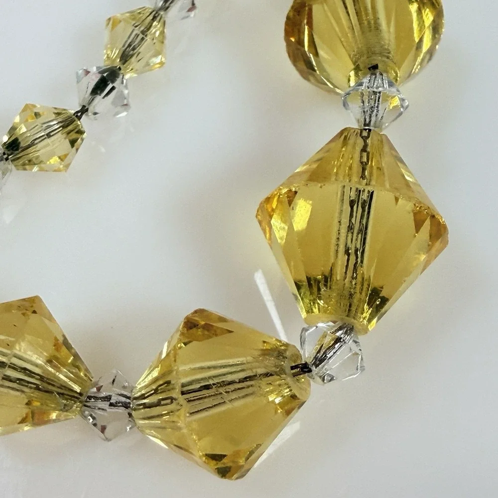 Vintage Faceted Glass Necklace Yellow Bicone Beads Clear Crystal Spacers 16